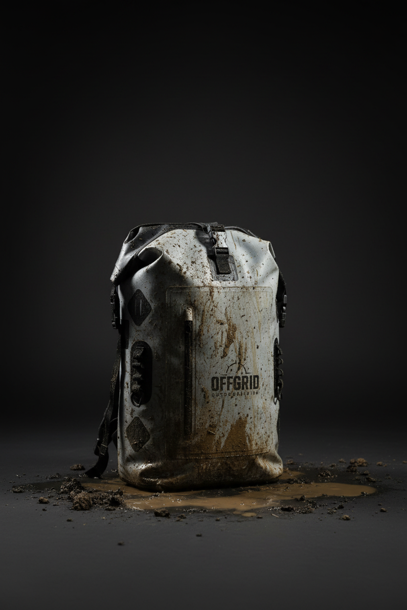 OFFGRID dry bag muddy durability shot in dark studio