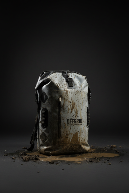 OFFGRID dry bag muddy durability shot in dark studio