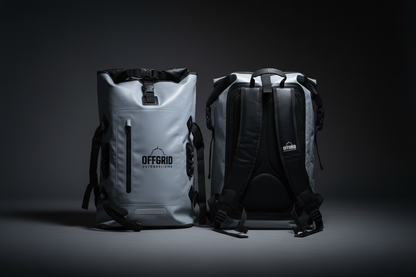 OFFGRID dry bags front and back in dark studio