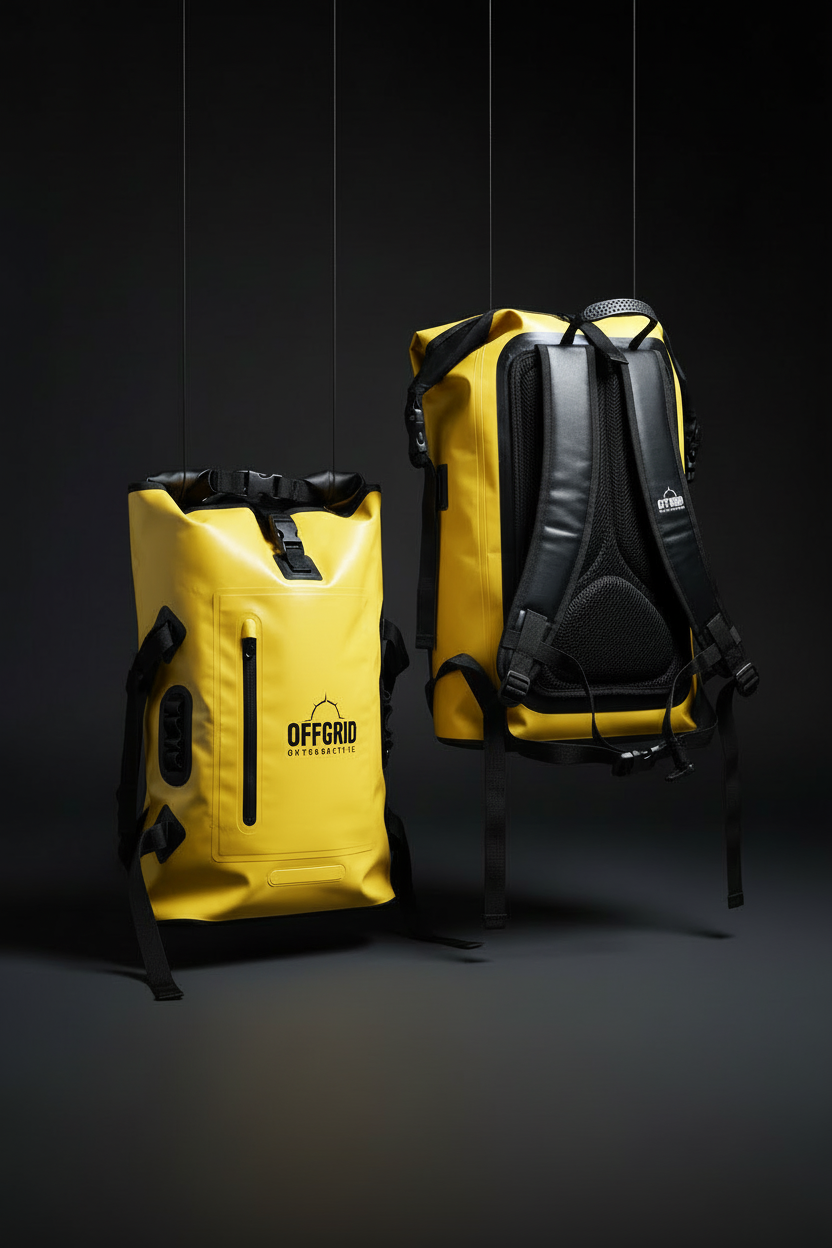 Yellow OFF GRID dry bags suspended by wires